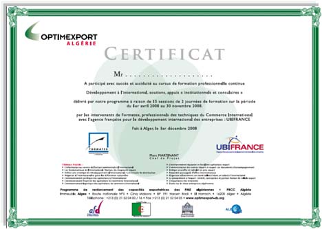 Certificats OPTIMEXPORT